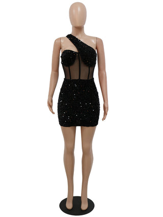 Kricesseen Sexy Glitter Sequined Mesh Patchwork Mini Dress Summer Women Sleeveless One Shoulder Bodycon Night Clubwear Dress ALODIA STORE
