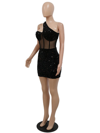 Kricesseen Sexy Glitter Sequined Mesh Patchwork Mini Dress Summer Women Sleeveless One Shoulder Bodycon Night Clubwear Dress ALODIA STORE