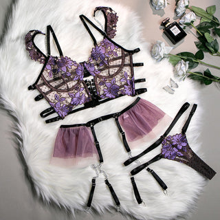 MIRABELLE Fine Lingerie for Women Sexy Porn Underwear Bra and Panty Set Lace Thongs Ruffle Fancy Embroidery With Chain Garter ALODIA STORE
