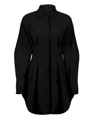 Mnealways18 Spring Summer Bodycon Dress Women Khaki Long Sleeve Pleated Shirt Dress Office Ladies Solid Lapel Casual Mini Dresss ALODIA STORE