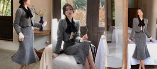Korean Suit 2023 Autum 2 Piece Dress Set Long Sleeve Crop Tops + Casual ALODIA STORE