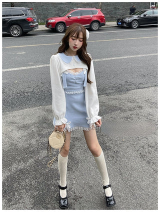 Japanese Kawaill Lolita Dress Women Bow Pink Party Mini Fashion 2 Piece Dress Set 2023 Summer ALODIA STORE