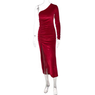 New Solid Long Sleeve One Shoulder Ruched Slit Velvet Midi Dress Sexy Party Club Elegant Bodycon Dresses Femme Robe Longue ALODIA STORE