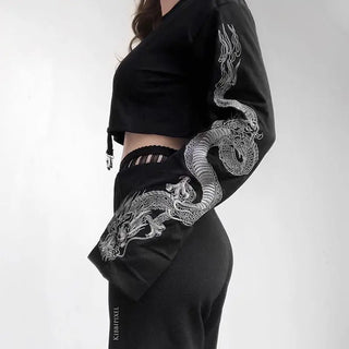 Vintage Long Sleeve Crop Top for Women Short T Shirt Aesthetic Tshirt Croptop Japanese Traditional Dragon Print Graphic Clothes ALODIA STORE