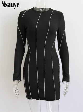 Nsauye Sexy Club Ribber Knitted Y2K Mini Bodycon Party Women Dress Autumn Striped O Neck Long Sleeve Fashion Dress 2023 ALODIA STORE