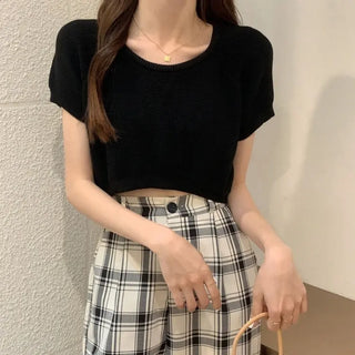 New korean version short sleeve knitted sweater thin shirt white croptop ALODIA STORE
