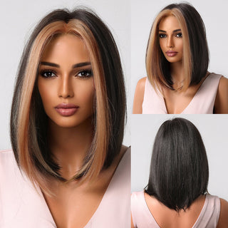 Pelucas sintéticas cortas y rectas para mujeres, cabello falso resistente al calor, Rubio a marrón, Ombre, Bob con flequillo, fiesta de Cosplay diaria ALODIA STORE