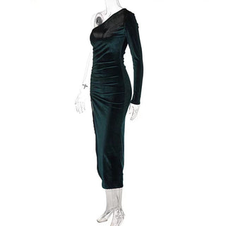 New Solid Long Sleeve One Shoulder Ruched Slit Velvet Midi Dress Sexy Party Club Elegant Bodycon Dresses Femme Robe Longue ALODIA STORE