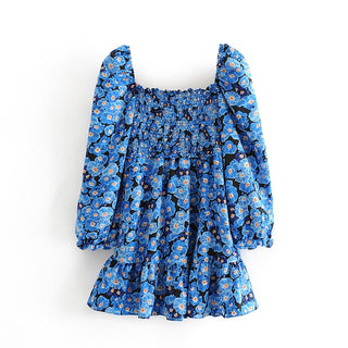 Vintage Blue Floral Print Dress Women Lantern Sleeve Square Neck A-line Dress Modern Female Holiday Summer Mini Chiffon Dress ALODIA STORE