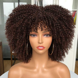 Short Afro Kinky Curly Wig With Bangs For Black Women Cosplay Lolita Natural Hair Ombre Mixed Brown Synthetic African Wigs ALODIA STORE