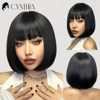 Green Short Bob Hair Synthetic Wig For Woman With Bangs Blonde Ombre Pink Cosplay Lolita Party Heat Resistant Daily Natural Hair ALODIA STORE
