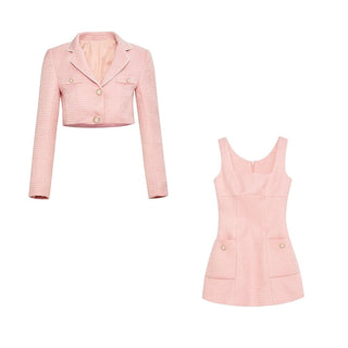 Autumn Pink Elegant Two Piece Set Women blazer Coat+Strap Mini Dress Set ALODIA STORE