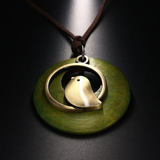 Vintage Wooden Bird Pendant Necklaces Boho Ethnic Style Metal Hollow Necklaces Retro Long Sweater Chain Rope Jewelry for Women Alodia Store