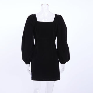 Mnealways18 Evening Puff Sleeve Women Velvet Dress Winter Black Sexy Bodycon Dress Square Collar Mini Party Dresses Elegant 2023 ALODIA STORE