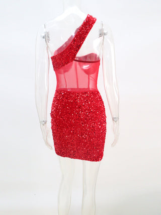 Kricesseen Sexy Glitter Sequined Mesh Patchwork Mini Dress Summer Women Sleeveless One Shoulder Bodycon Night Clubwear Dress ALODIA STORE