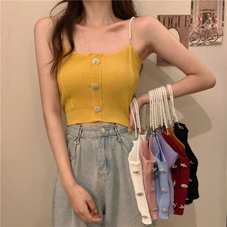 Knitted Ropa De Mujer Tank Solid Cami Y2k Crop Sexy Korean Women Fashion Halter Sleeveless Croptop Button White High Street Top alodia store