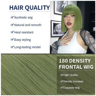 Green Short Bob Hair Synthetic Wig For Woman With Bangs Blonde Ombre Pink Cosplay Lolita Party Heat Resistant Daily Natural Hair ALODIA STORE