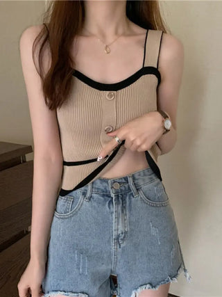 Fashion Summer Halter Off Shoulder Knitted Korean Sport Tank Crop Ribber Y2k Ropa De Mujer Croptop Cami Button Patchwork Ins Top ALODIA STORE