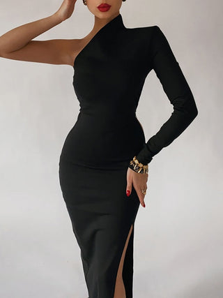 Long Elegant Dresses for Women Summer One Shoulder Maxi Dress Bodycon Sexy Black Slit Fomal Wedding Evening Party Dress 2022 ALODIA STORE