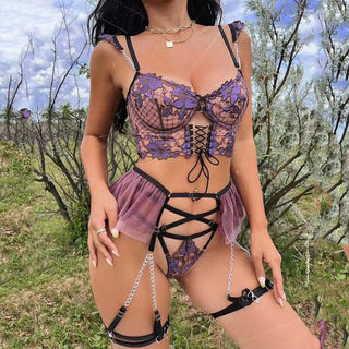 MIRABELLE Fine Lingerie for Women Sexy Porn Underwear Bra and Panty Set Lace Thongs Ruffle Fancy Embroidery With Chain Garter ALODIA STORE