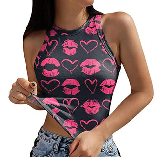 Lips Stars Printeds Summer Slim Render Short Top Sexy Women Sleeveless
