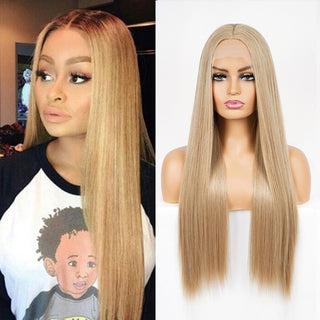 Perruque de Cosplay synthétique lisse et longue, noire ombrée, avec raie centrale naturelle, résistante à la chaleur, brune 613, pour femmes, 28 pouces ALODIA STORE