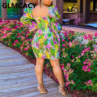 Puff Sleeve Square Neck Bodycon Dress Floral Printed Slim Mini Dress ALODIA STORE