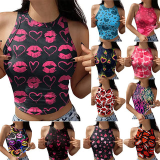 Lips Stars Printeds Summer Slim Render Short Top Sexy Women Sleeveless