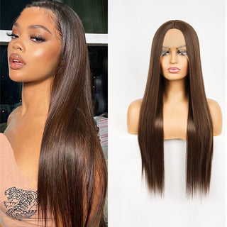 Perruque de Cosplay synthétique lisse et longue, noire ombrée, avec raie centrale naturelle, résistante à la chaleur, brune 613, pour femmes, 28 pouces ALODIA STORE