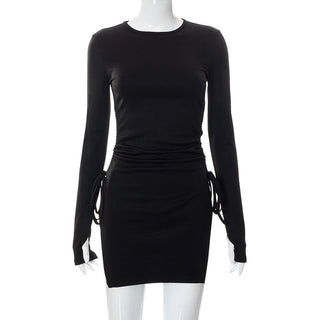 Goth Dark Mall Gothic Drawstring Bodycon Women Mini Dresses Y2k Punk Black Split Sexy Long Sleeve Dress Grunge Basic Partywear ALODIA STORE