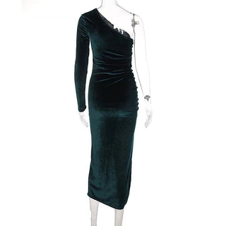 New Solid Long Sleeve One Shoulder Ruched Slit Velvet Midi Dress Sexy Party Club Elegant Bodycon Dresses Femme Robe Longue ALODIA STORE