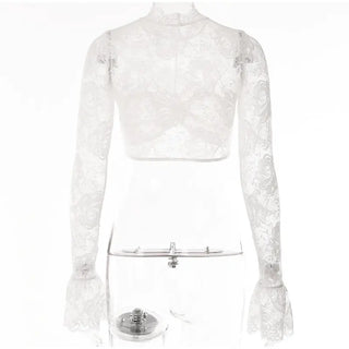 Lace Crochet Crop Top Sexy Womens Flare Long Sleeves O-neck Solid T-shirt 2023 Ladies Fashion Party Club Streetwear Blouse Tops ALODIA STORE