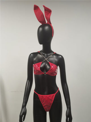 Sexy Lingerie Set Women Rabbit Ears Patent Leather Erotic Lingerie Sexy Uniform Rabbit Metal Chain Nightclub Lingerie Clothing ALODIA STORE