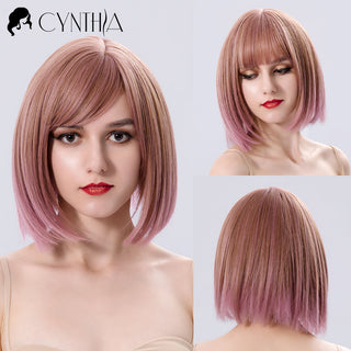 Green Short Bob Hair Synthetic Wig For Woman With Bangs Blonde Ombre Pink Cosplay Lolita Party Heat Resistant Daily Natural Hair ALODIA STORE