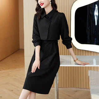 Korean Fashion Casual Two Piece Set Women Elegant Loose Vest CropTops + Long Sleeve Slim Shirt Dress Woman Femme 2 Piece Outfits ALODIA STORE