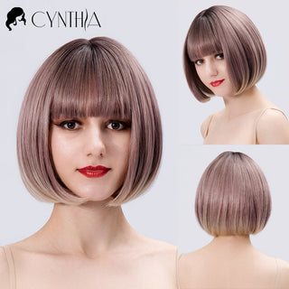 Green Short Bob Hair Synthetic Wig For Woman With Bangs Blonde Ombre Pink Cosplay Lolita Party Heat Resistant Daily Natural Hair ALODIA STORE