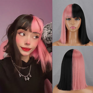 Green Short Bob Wig With Bangs for Women Shoulder Length Synthetic Wigs Cosplay Party Daily Lolita Natural Hair Black Pink Red ALODIA STORE