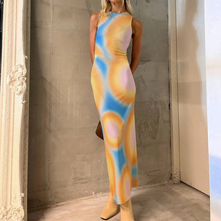 Sleeveless Backless Maxi Dress Women Summer Bodycon Elegant Sexy Tie Dye Outfits Ladies Birthday Party Club Sundress ALODIA STORE