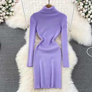 Elegant Turtleneck Long Sleeve Knit Bodycon Pencil Dress Slim Basic Fashion Sweater Vestido Sexy Women Autumn Winter Clothing ALODIA STORE