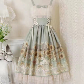 Japanese Sweet Kawaii Jsk Lolita Dress Women Vintage Victorian Sunflower Story Jsk Cartoon Summer Bow Fresh Tea Party Dresses ALODIA STORE