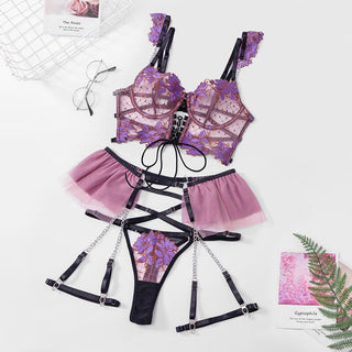 MIRABELLE Fine Lingerie for Women Sexy Porn Underwear Bra and Panty Set Lace Thongs Ruffle Fancy Embroidery With Chain Garter ALODIA STORE