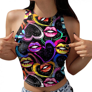 Lips Stars Printeds Summer Slim Render Short Top Sexy Women Sleeveless