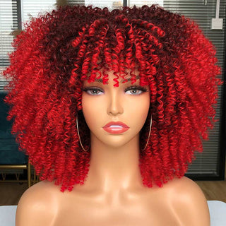 Short Afro Kinky Curly Wig With Bangs For Black Women Cosplay Lolita Natural Hair Ombre Mixed Brown Synthetic African Wigs ALODIA STORE