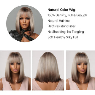 Pelucas sintéticas cortas y rectas para mujeres, cabello falso resistente al calor, Rubio a marrón, Ombre, Bob con flequillo, fiesta de Cosplay diaria ALODIA STORE