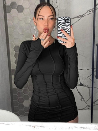 JULISSA MO Sexy Solid Patchwork O Neck Mini Dress Women Autumn Bodycon Long Sleeve Slim Fit Elegant Party Club Vestido ALODIA STORE