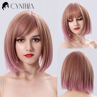 Green Short Bob Hair Synthetic Wig For Woman With Bangs Blonde Ombre Pink Cosplay Lolita Party Heat Resistant Daily Natural Hair ALODIA STORE