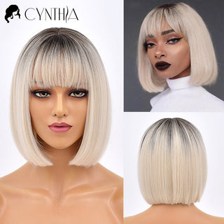 Green Short Bob Hair Synthetic Wig For Woman With Bangs Blonde Ombre Pink Cosplay Lolita Party Heat Resistant Daily Natural Hair ALODIA STORE