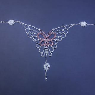 Sexy Butterfly Rhinestone Chain Body Lingerie Set Jewelry for Women Crystal Pink Big butterfly body chain bra and thong harness ALODIA STORE