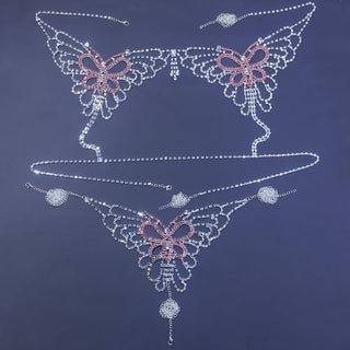 Sexy Butterfly Rhinestone Chain Body Lingerie Set Jewelry for Women Crystal Pink Big butterfly body chain bra and thong harness ALODIA STORE