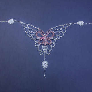 Sexy Butterfly Rhinestone Chain Body Lingerie Set Jewelry for Women Crystal Pink Big butterfly body chain bra and thong harness ALODIA STORE